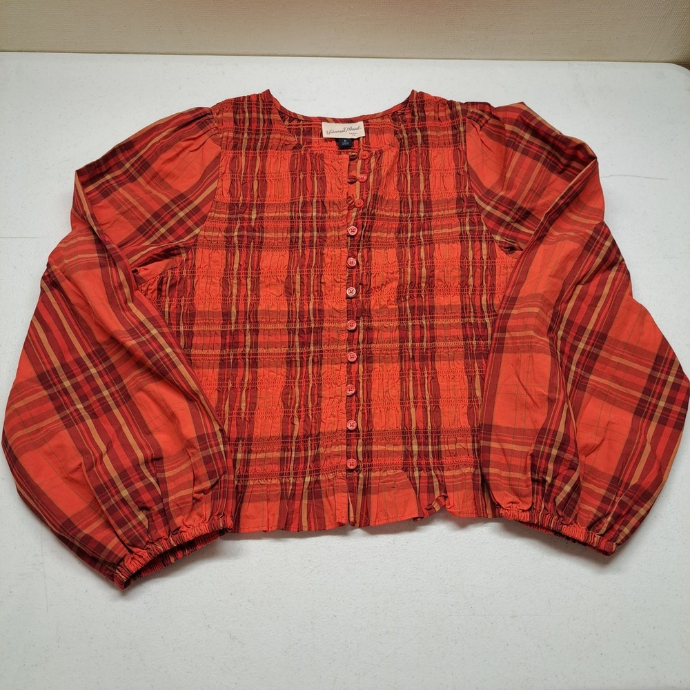 Universal Thread Womens Blouse M Orange Plaid Smocked Balloon Sleeve 1995-280